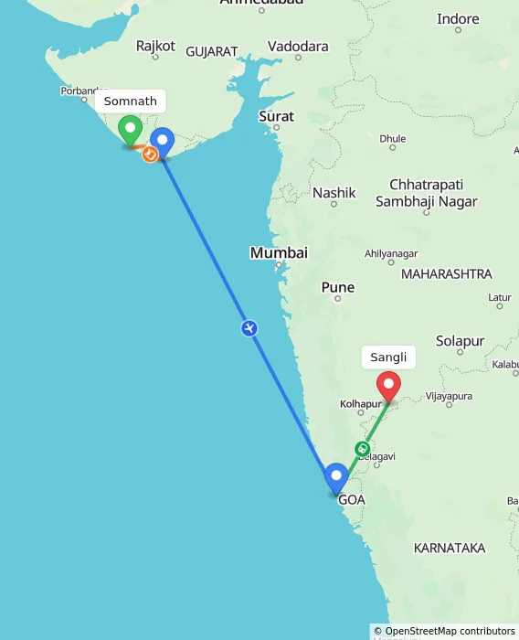 Route map showing distance and travel time from Somnath, India to Sangli, India