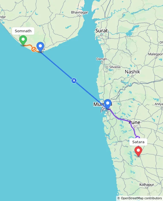 Route map showing distance and travel time from Somnath, India to Satara, India