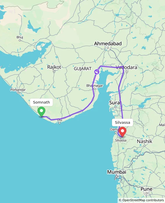 Route map showing distance and travel time from Somnath, India to Silvassa, India