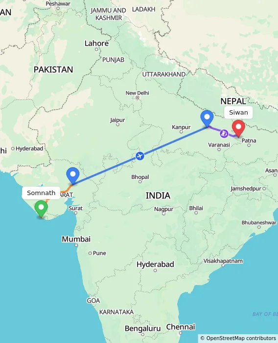 Route map showing distance and travel time from Somnath, India to Siwan, India