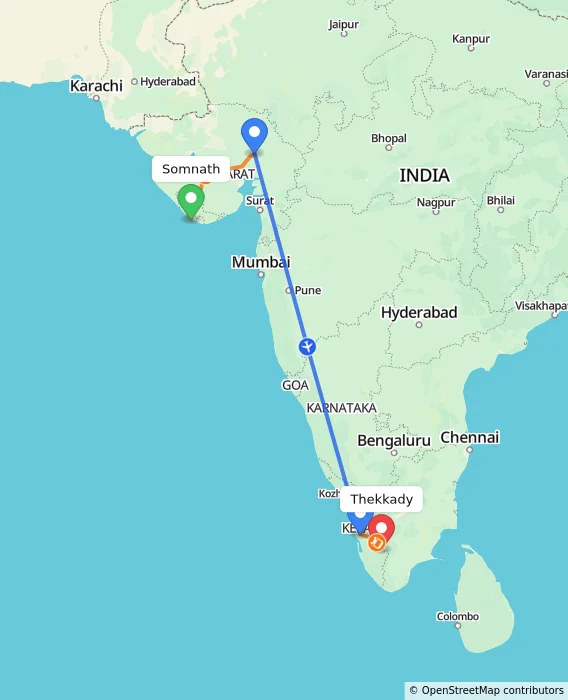 Route map showing distance and travel time from Somnath, India to Thekkady, India