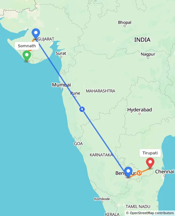 Route map showing distance and travel time from Somnath, India to Tirupati, India