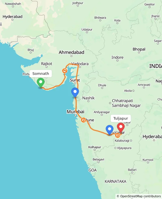 Route map showing distance and travel time from Somnath, India to Tuljapur, India