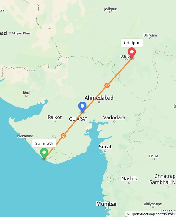 Route map showing distance and travel time from Somnath, India to Udaipur, India