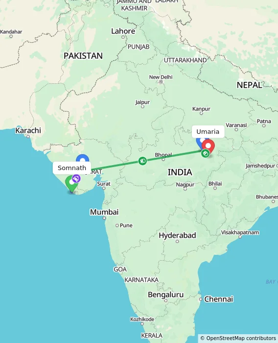 Route map showing distance and travel time from Somnath, India to Umaria, India