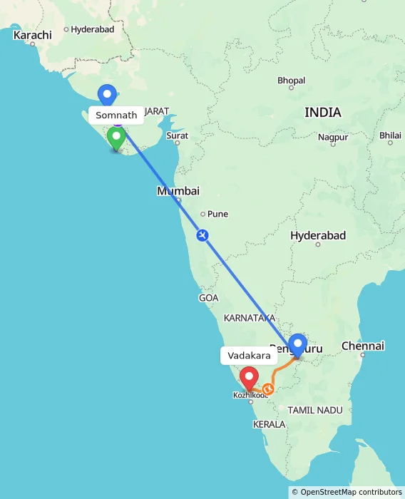 Route map showing distance and travel time from Somnath, India to Vadakara, India