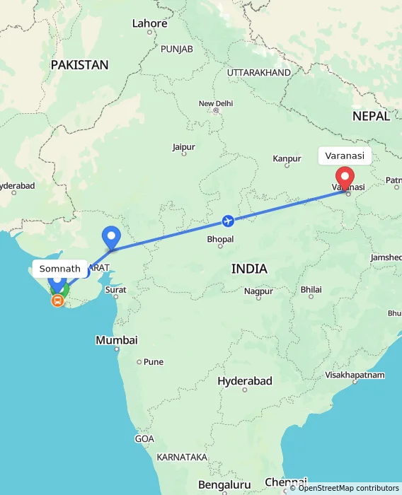 Route map showing distance and travel time from Somnath, India to Varanasi, India