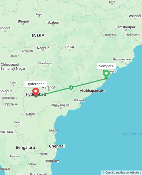 Route map showing distance and travel time from Sompeta, India to Hyderabad, India