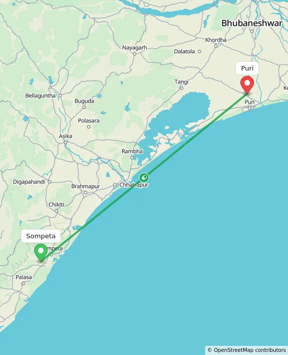 Route map showing distance and travel time from Sompeta, India to Puri, India