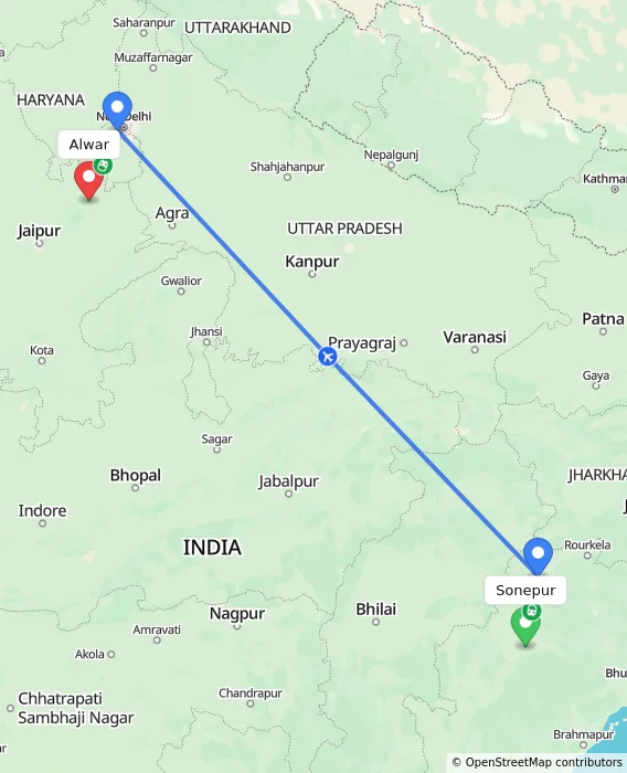 Route map showing distance and travel time from Sonepur, India to Alwar, India