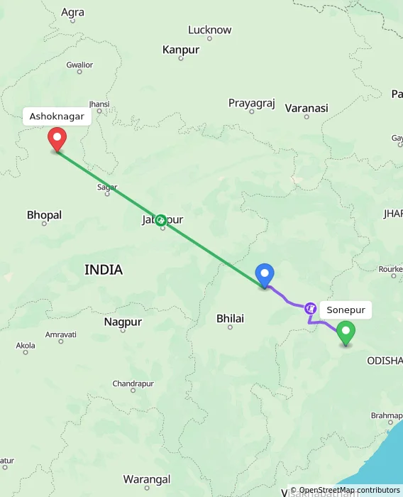 Route map showing distance and travel time from Sonepur, India to Ashoknagar, India