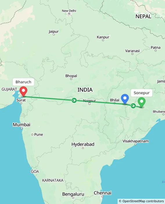 Route map showing distance and travel time from Sonepur, India to Bharuch, India