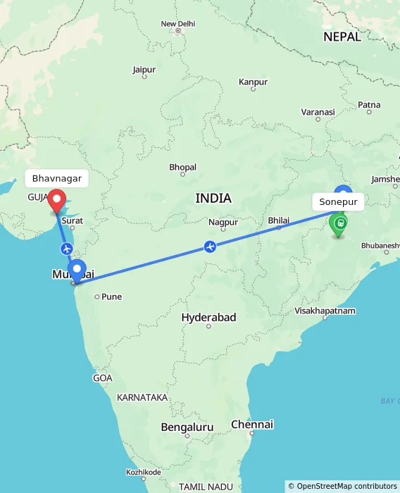 Route map showing distance and travel time from Sonepur, India to Bhavnagar, India