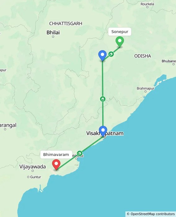 Route map showing distance and travel time from Sonepur, India to Bhimavaram, India