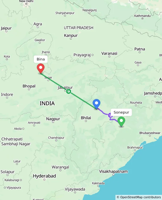 Route map showing distance and travel time from Sonepur, India to Bina, India