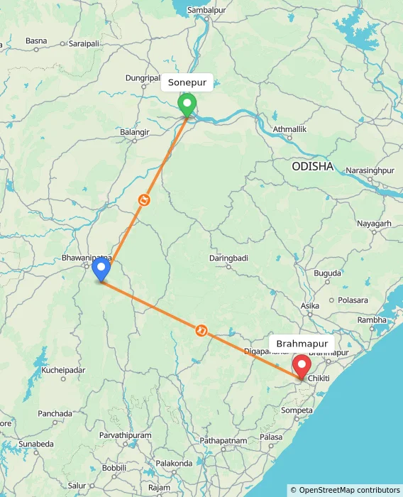 Route map showing distance and travel time from Sonepur, India to Brahmapur, India