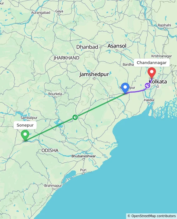 Route map showing distance and travel time from Sonepur, India to Chandannagar, India