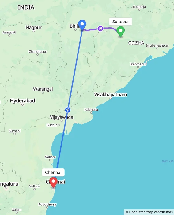 Route map showing distance and travel time from Sonepur, India to Chennai, India