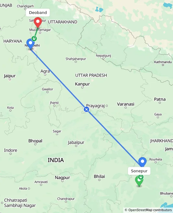 Route map showing distance and travel time from Sonepur, India to Deoband, India