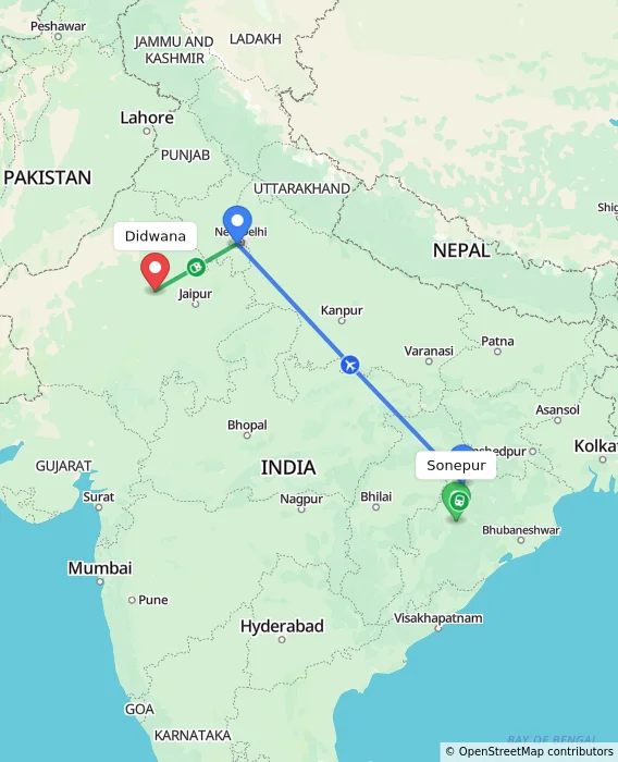 Route map showing distance and travel time from Sonepur, India to Didwana, India