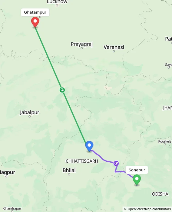 Route map showing distance and travel time from Sonepur, India to Ghatampur, India