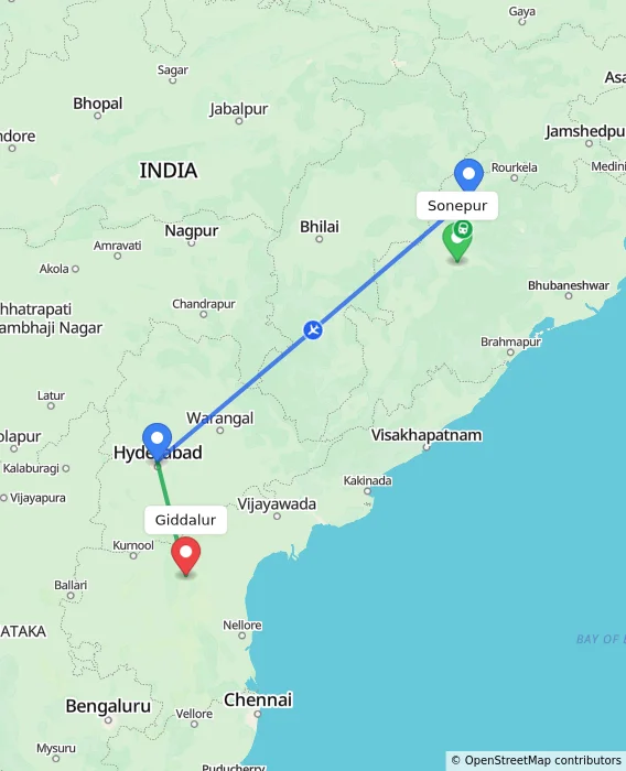 Route map showing distance and travel time from Sonepur, India to Giddalur, India