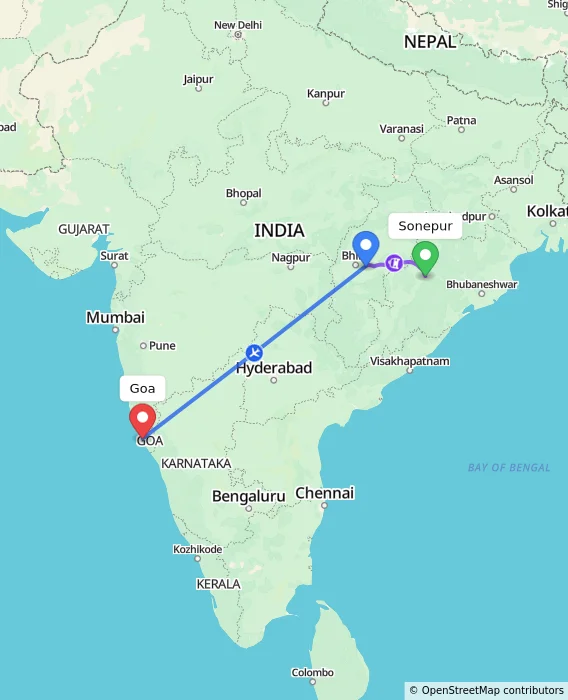 Route map showing distance and travel time from Sonepur, India to Goa, India