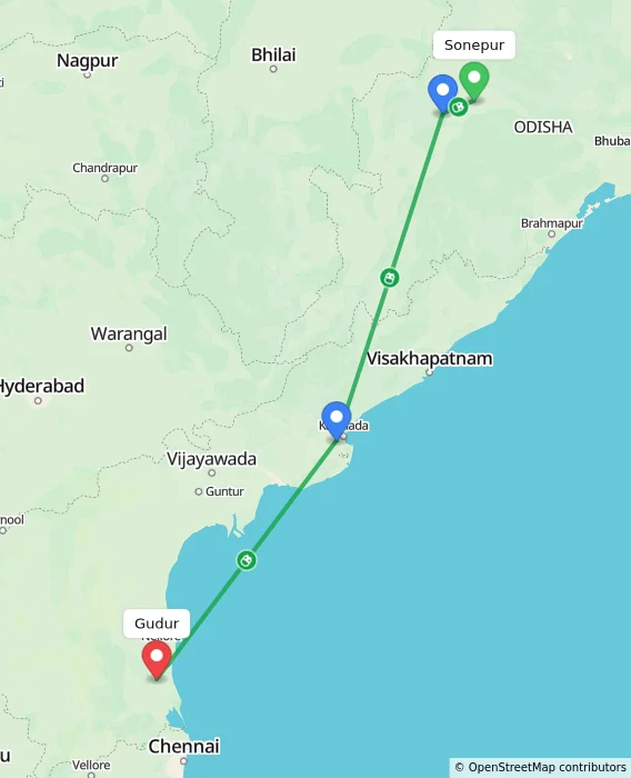 Route map showing distance and travel time from Sonepur, India to Gudur, India