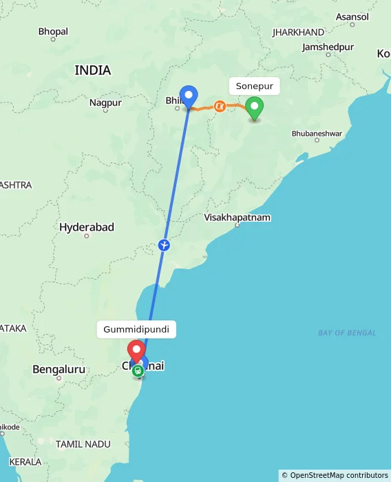 Route map showing distance and travel time from Sonepur, India to Gummidipundi, India