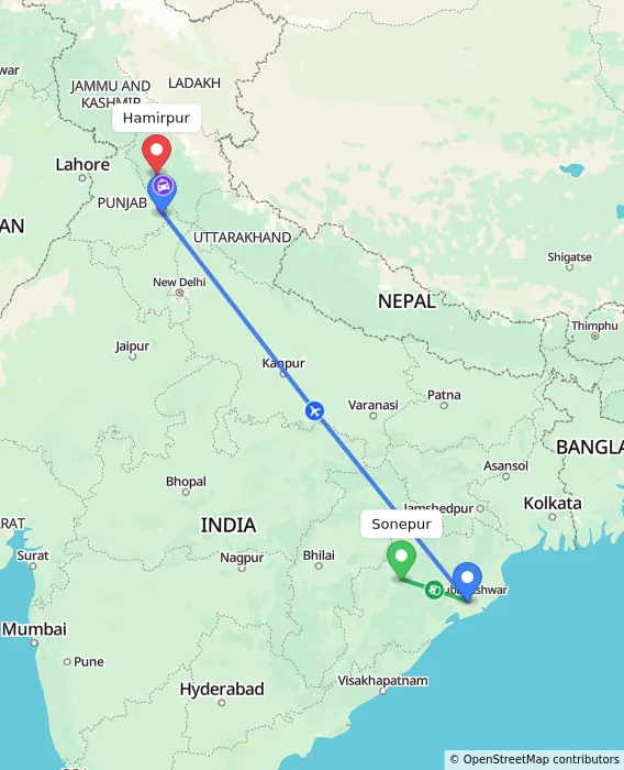 Route map showing distance and travel time from Sonepur, India to Hamirpur, India