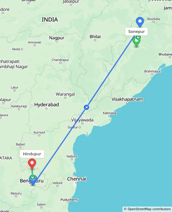 Route map showing distance and travel time from Sonepur, India to Hindupur, India