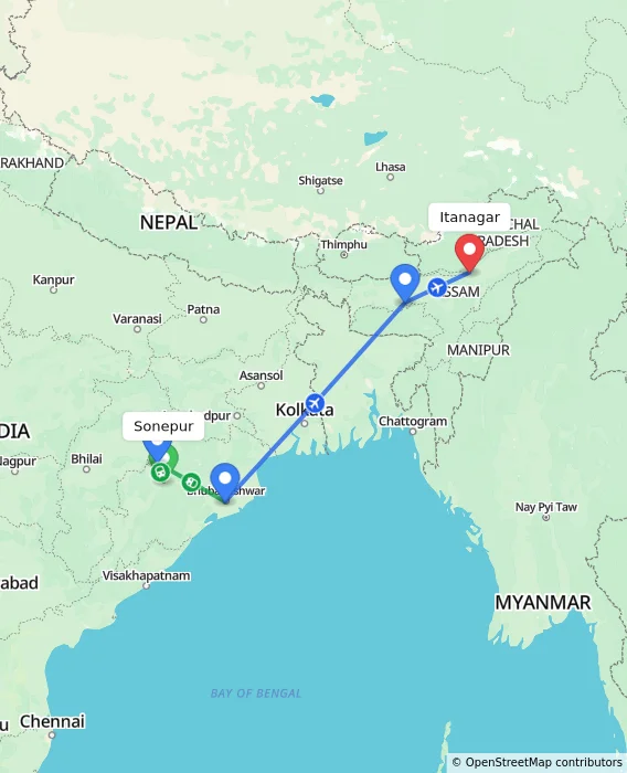 Route map showing distance and travel time from Sonepur, India to Itanagar, India