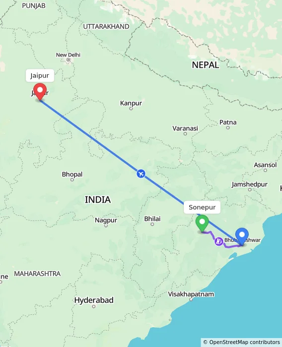 Route map showing distance and travel time from Sonepur, India to Jaipur, India