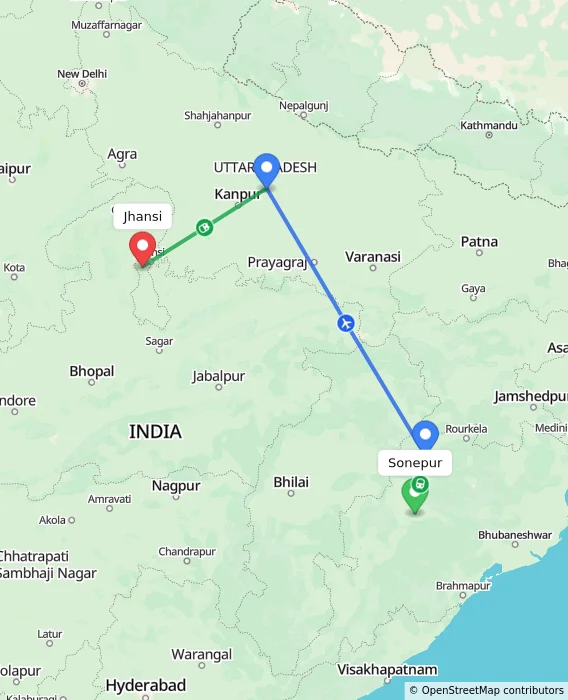 Route map showing distance and travel time from Sonepur, India to Jhansi, India