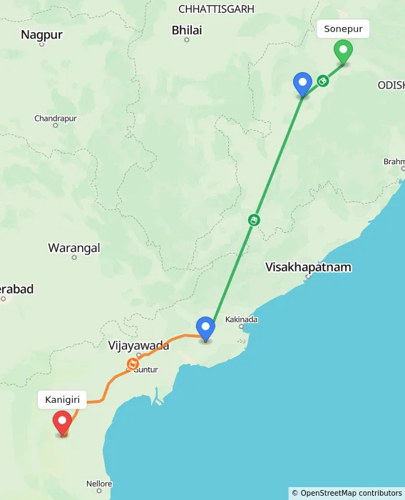 Route map showing distance and travel time from Sonepur, India to Kanigiri, India