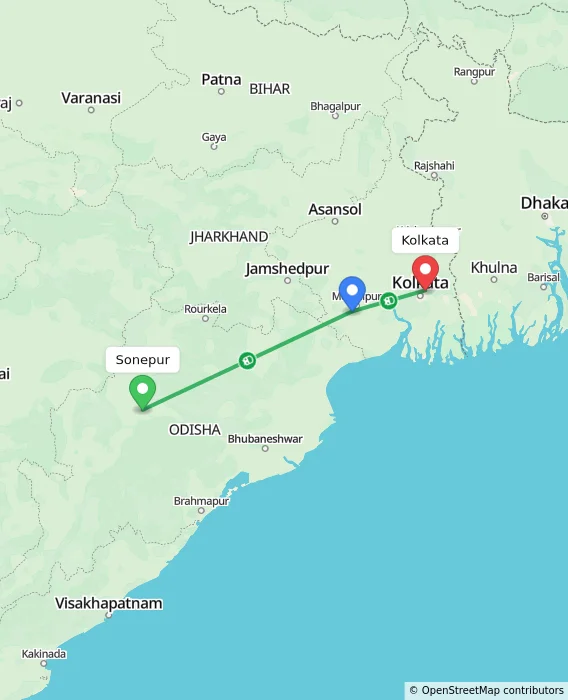 Route map showing distance and travel time from Sonepur, India to Kolkata, India