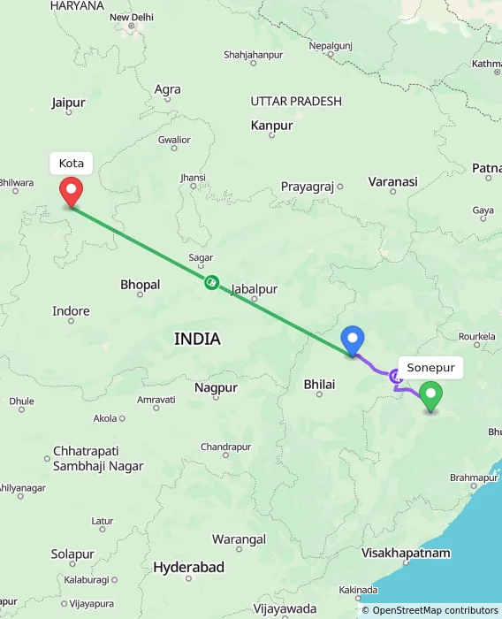 Route map showing distance and travel time from Sonepur, India to Kota, India