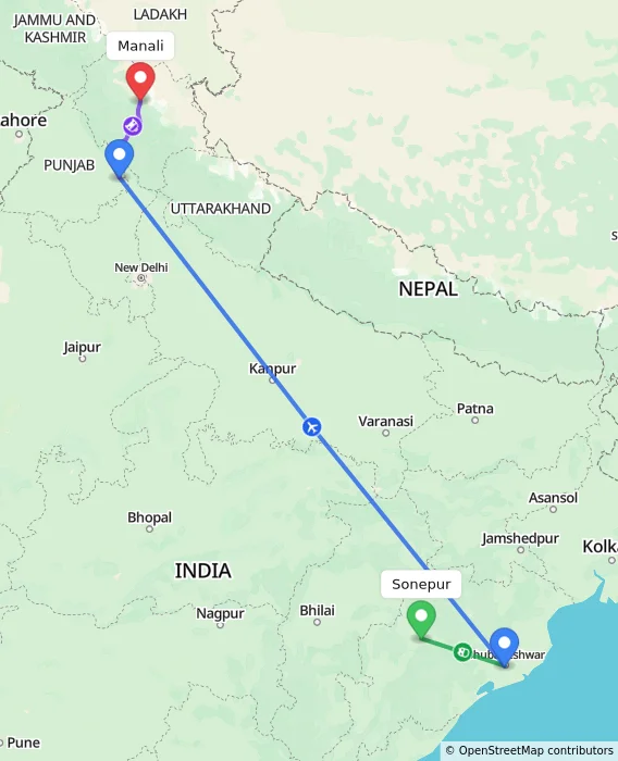 Route map showing distance and travel time from Sonepur, India to Manali, India