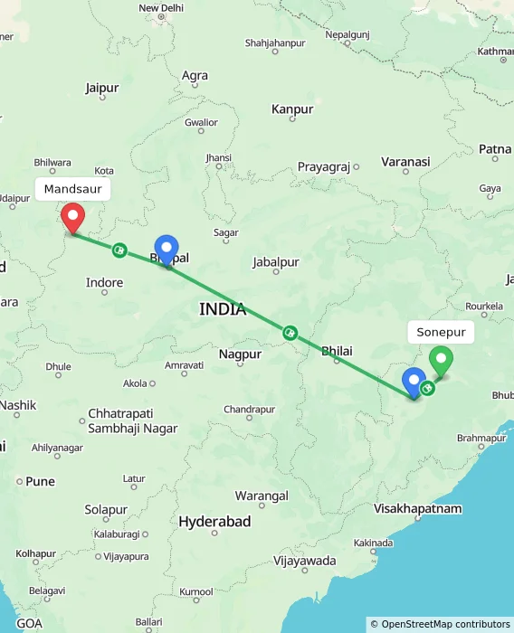 Route map showing distance and travel time from Sonepur, India to Mandsaur, India