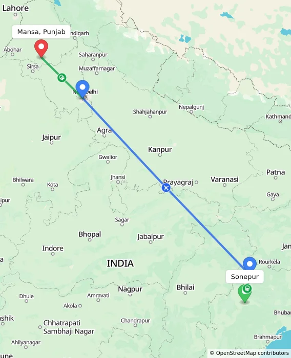 Route map showing distance and travel time from Sonepur, India to Mansa, Punjab, India