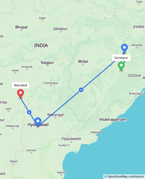Route map showing distance and travel time from Sonepur, India to Nanded, India