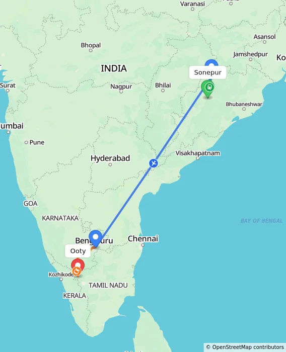 Route map showing distance and travel time from Sonepur, India to Ooty, India