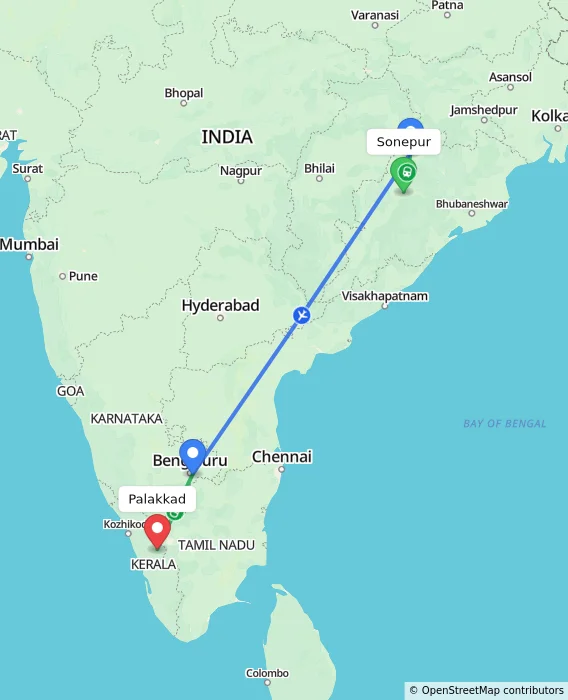 Route map showing distance and travel time from Sonepur, India to Palakkad, India