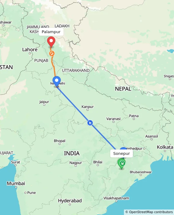 Route map showing distance and travel time from Sonepur, India to Palampur, India