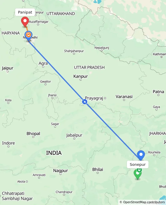 Route map showing distance and travel time from Sonepur, India to Panipat, India