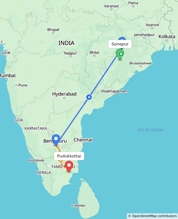 Route map showing distance and travel time from Sonepur, India to Pudukkottai, India