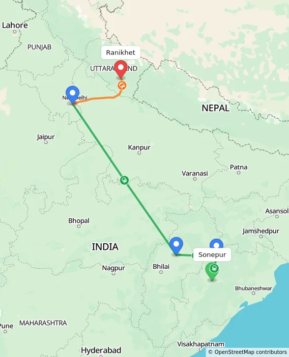 Route map showing distance and travel time from Sonepur, India to Ranikhet, India