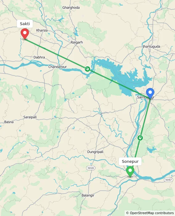 Route map showing distance and travel time from Sonepur, India to Sakti, India
