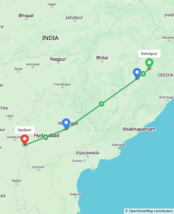 Route map showing distance and travel time from Sonepur, India to Sedam, India