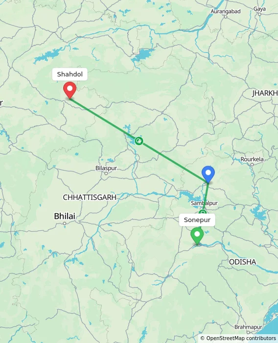 Route map showing distance and travel time from Sonepur, India to Shahdol, India